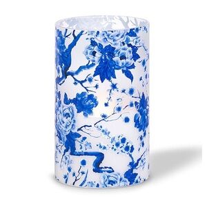 Illumaflame Natural LED Flame Technology 5” x 8” LED Candle. Blue Floral Design